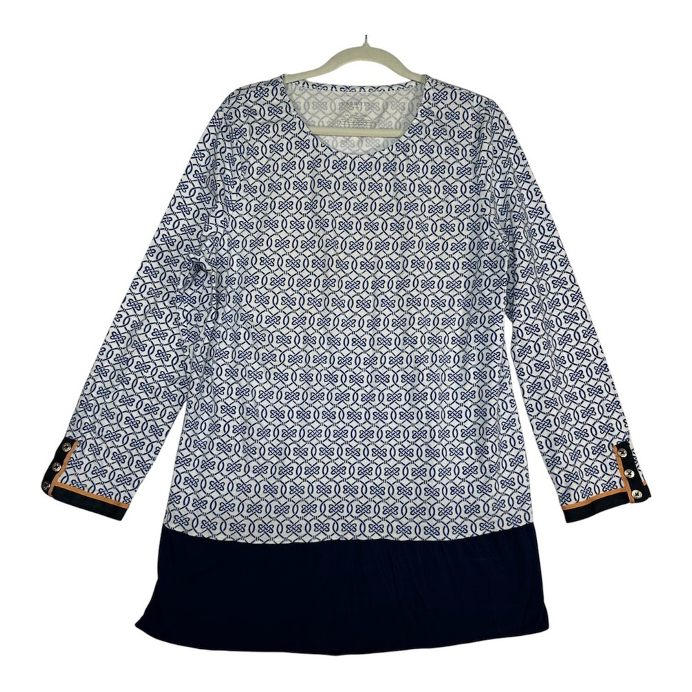 Talbots Tunic Top Womens XL Extra Large Blue White Geometric Coastal Preppy Knit